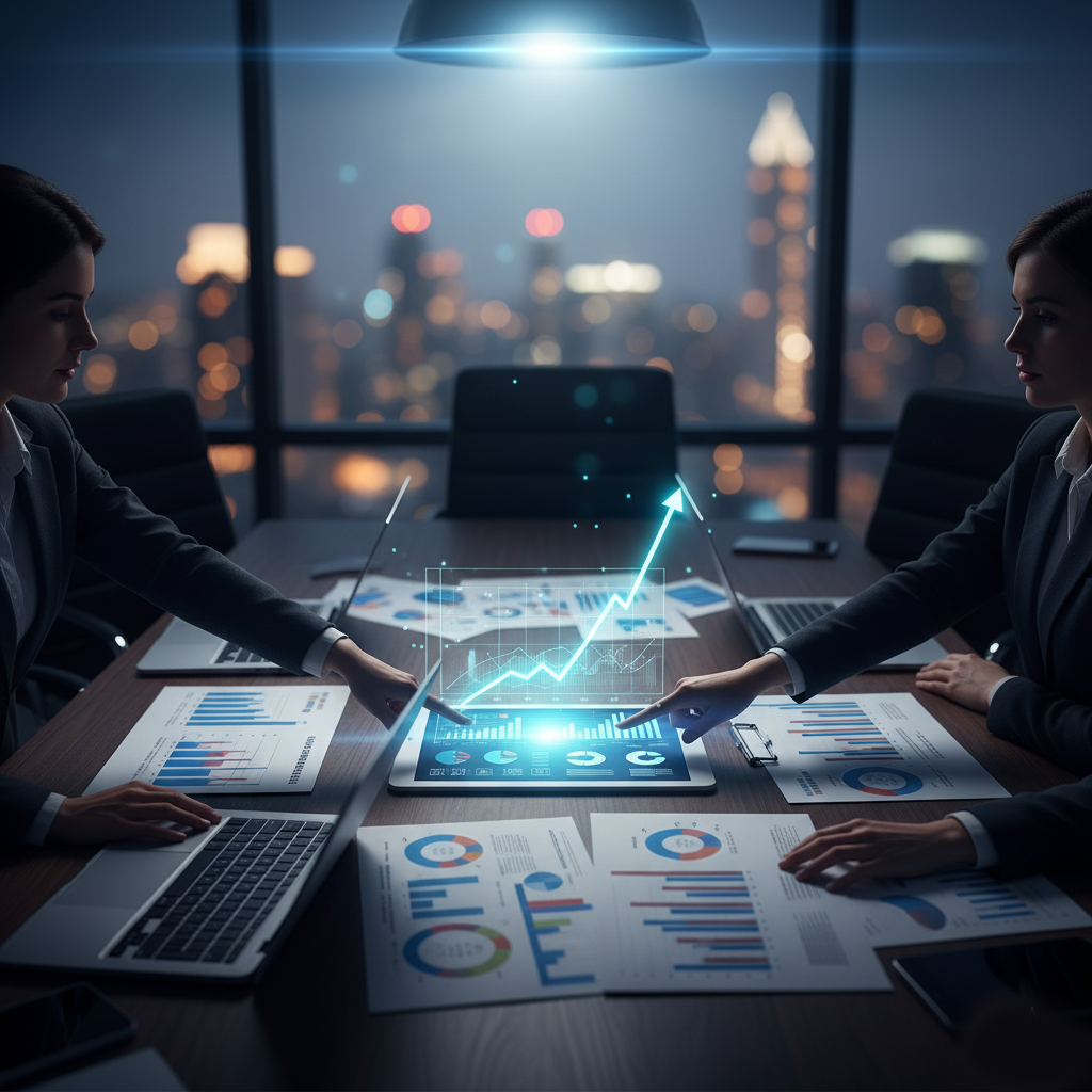 Professionals collaborating over business data and strategies